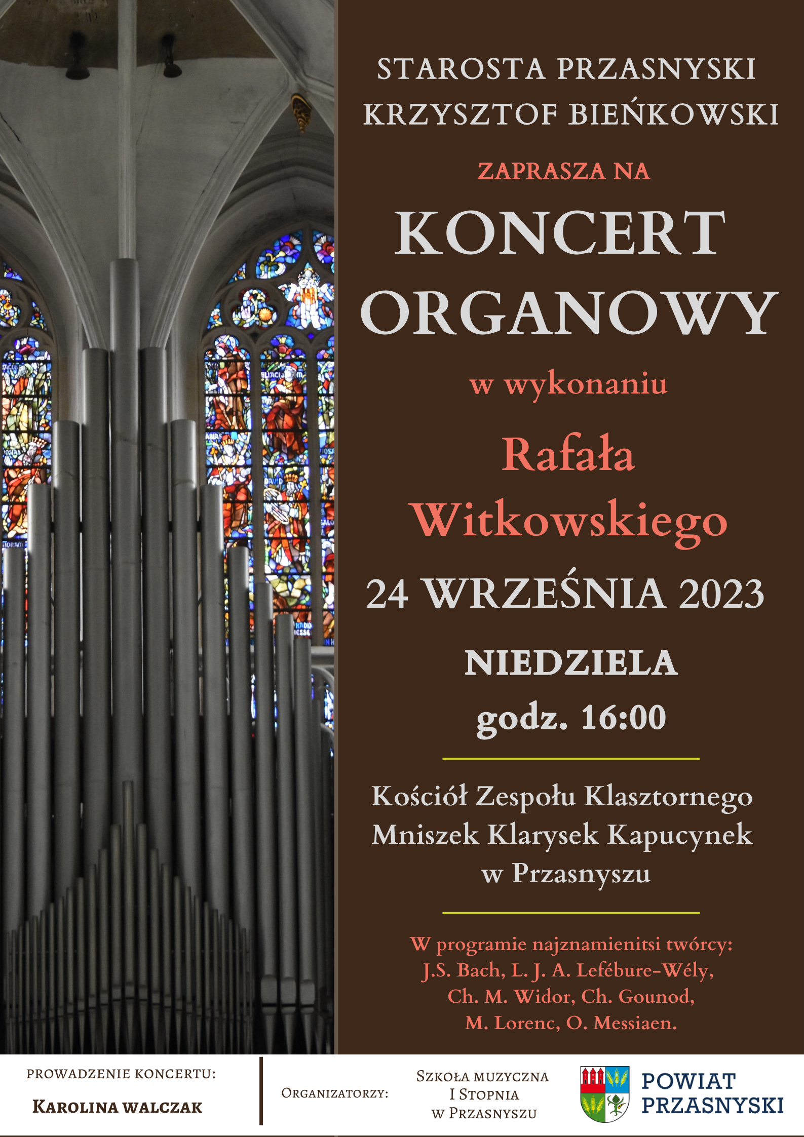 Plakat zapraszający na koncert organowy w Przasnyszu. Treść w artykule.