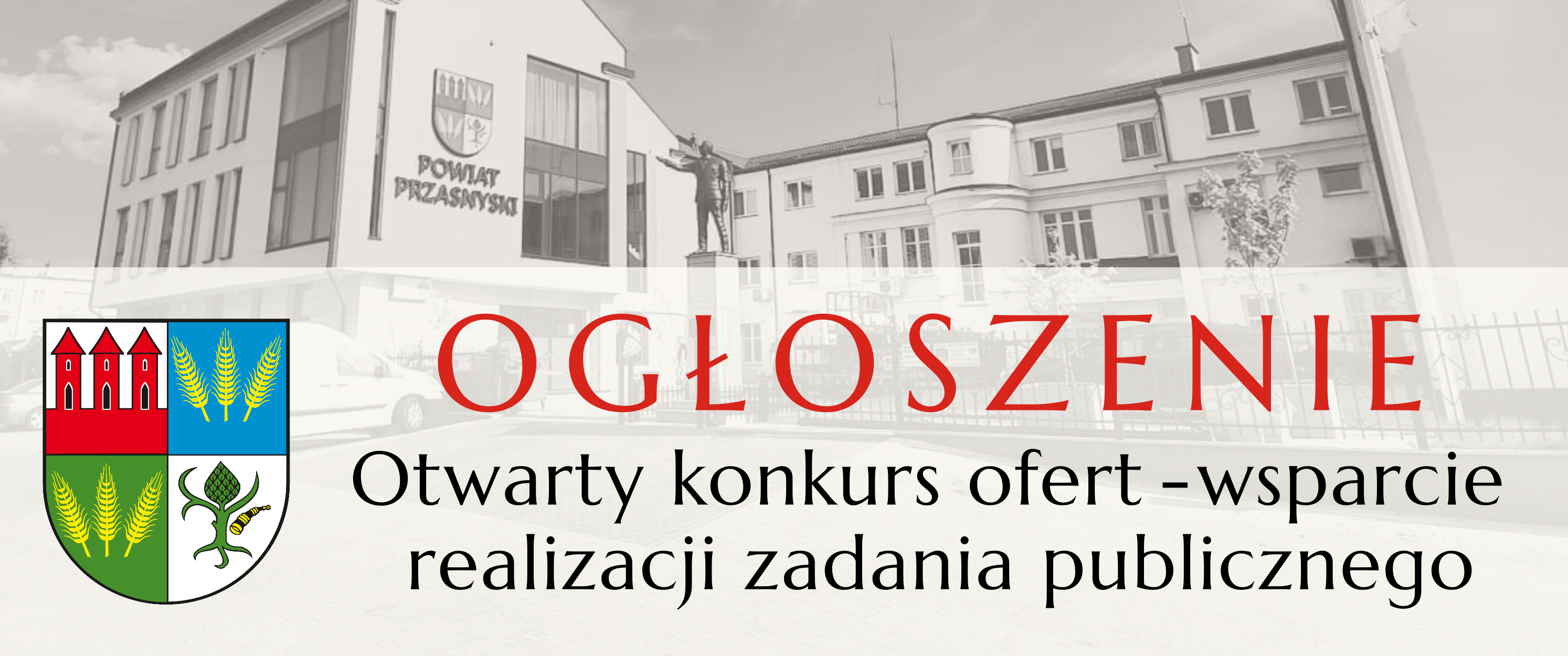 Grafika ogłoszenie z herbem Powiatu Przasnyskiego, konkurs ofert wsparcia realizacji zadań publicznych.
