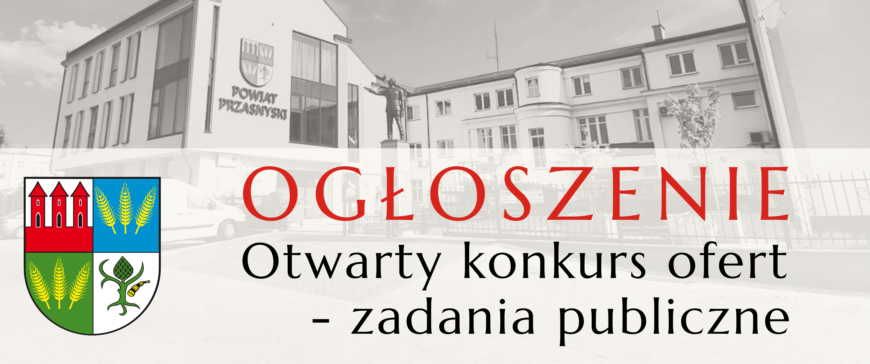 Grafika ogłoszenie z herbem Powiatu Przasnyskiego, konkurs ofert na zadania publiczne.