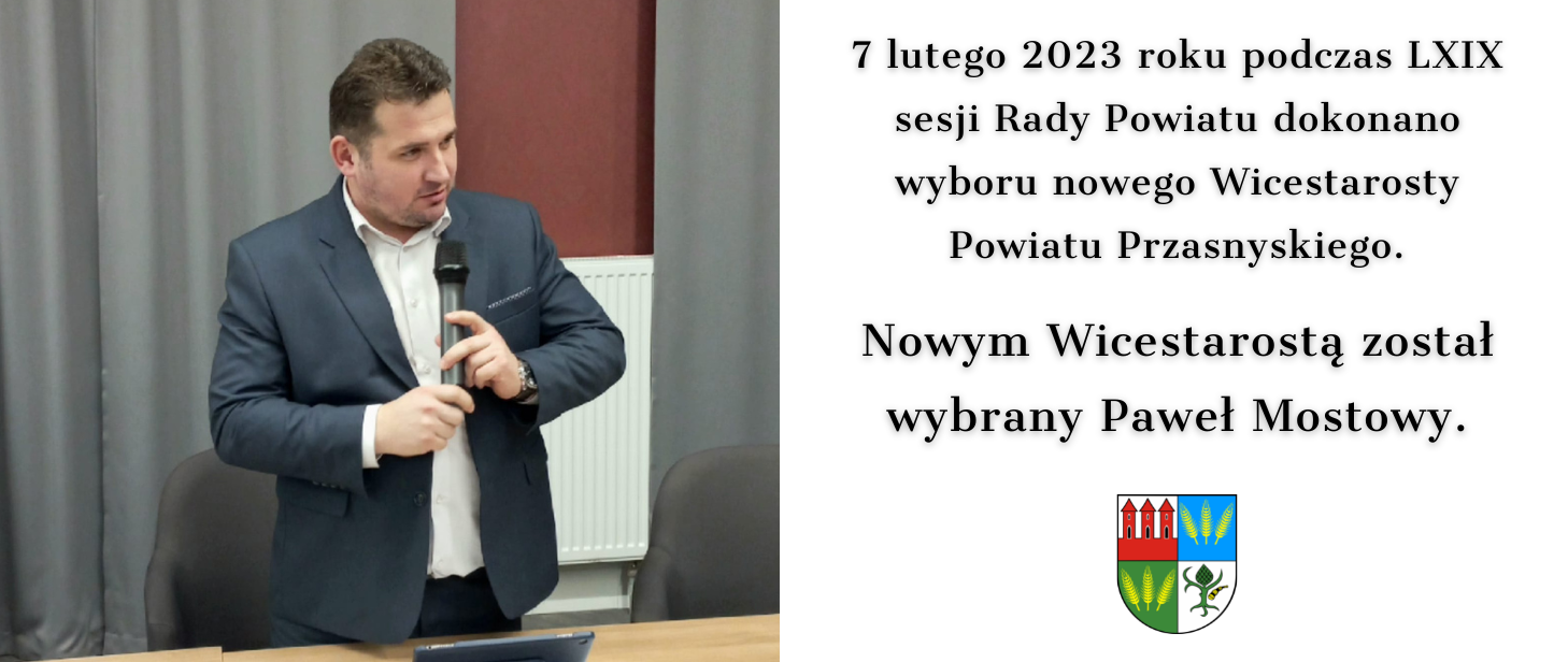 Grafika informuje o wyborze nowego Wicestarosty Powiatu Przasnyskiego. Treść w artykule.