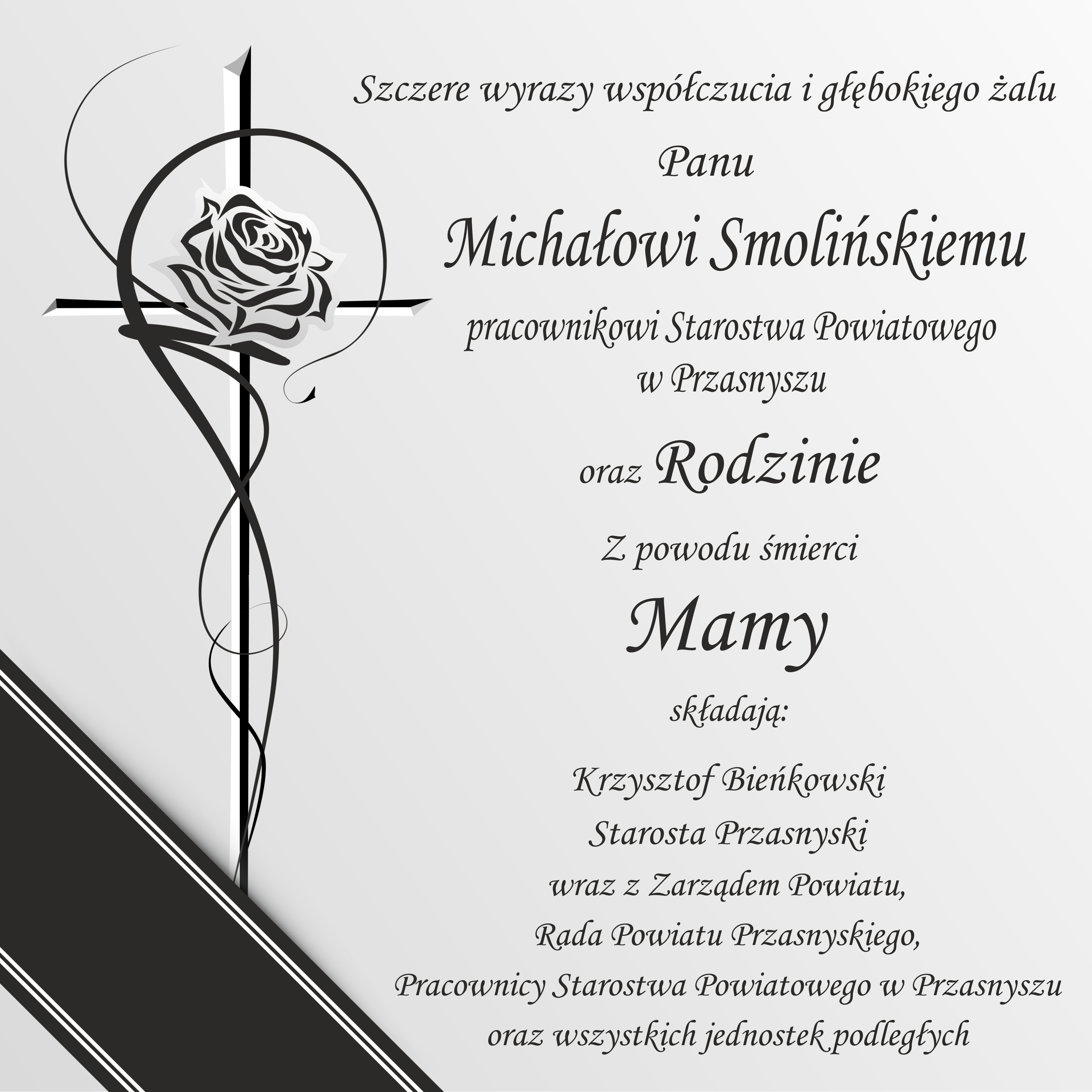 grafika kondolencyjna, krzyż z różą i napis po prawej stronie (treść jak akrtykule)