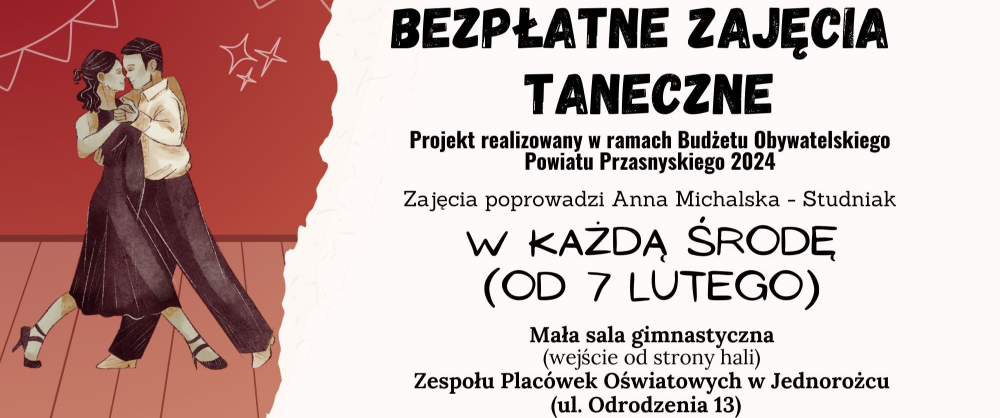 Grafika informuje o bezpłatnych zajęciach tańca dla mieszkańców gminy Jednorożec. Treść w artykule.