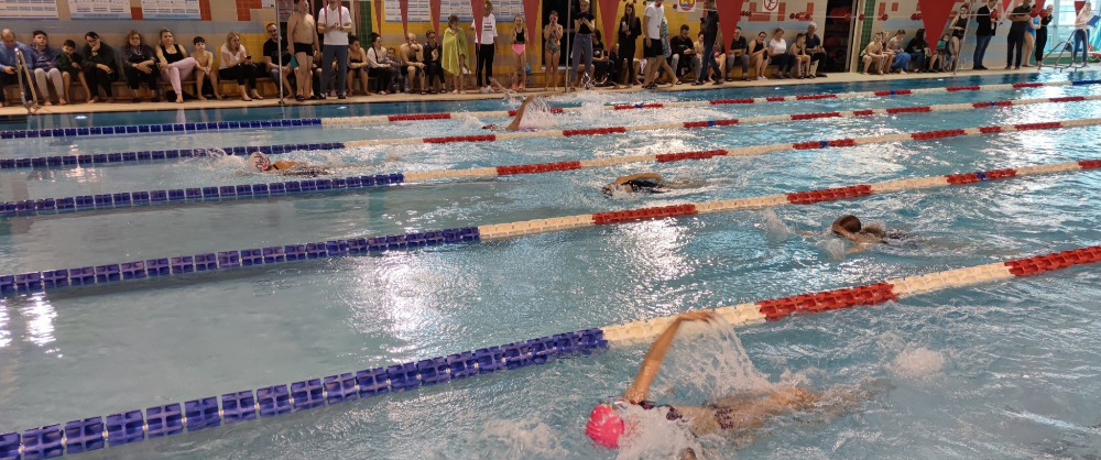 Zdjęcie przedstawia rywalizujących pływaków, w tle widownia.