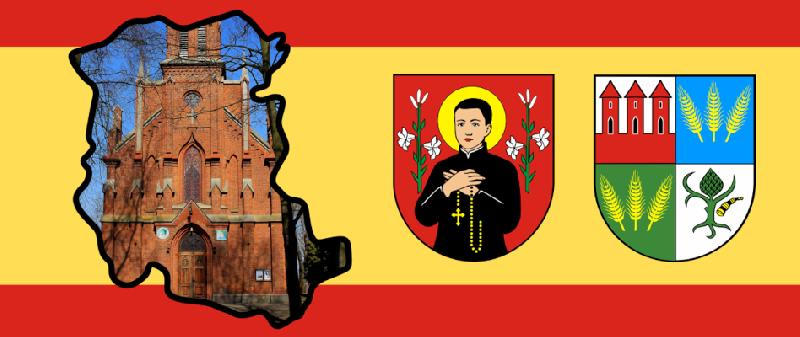 Grafika przedstawia zdjęcie kościoła w Rostkowie wpisanego w obrys Gminy Czernice Borowe. Obok herb Gminy Czernice Borowe i Powiatu Przasnyskiego.